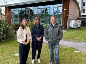 Clementine Blakemore, CEO Katie Tait and Joe Perkins on site of Horatio's Garden Yorkshire